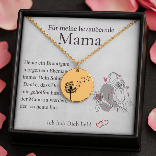 Hochwertige Edelstahl-Halskette für Bräutigam Mutter. Fein graviertes Blättchen mit Windblume, in Stahlsilber, 18K vergoldet, 18K rosé vergoldet. Perfektes Dankeschön-Geschenk, personalisierbar. Ideales Geschenk Mutter des Bräutigams, Sohn an Mama Geschenk oder Bräutigam Geschenk. Zeigt Wertschätzung für die Bräutigammutter. Elegante Bräutigam Mutter Halskette, die als Schmuck für Brautmutter, Schmuck für Bräutigam-Mutter dient. Inklusive Bräutigammama Karte und Mutter Bräutigam Danke.
