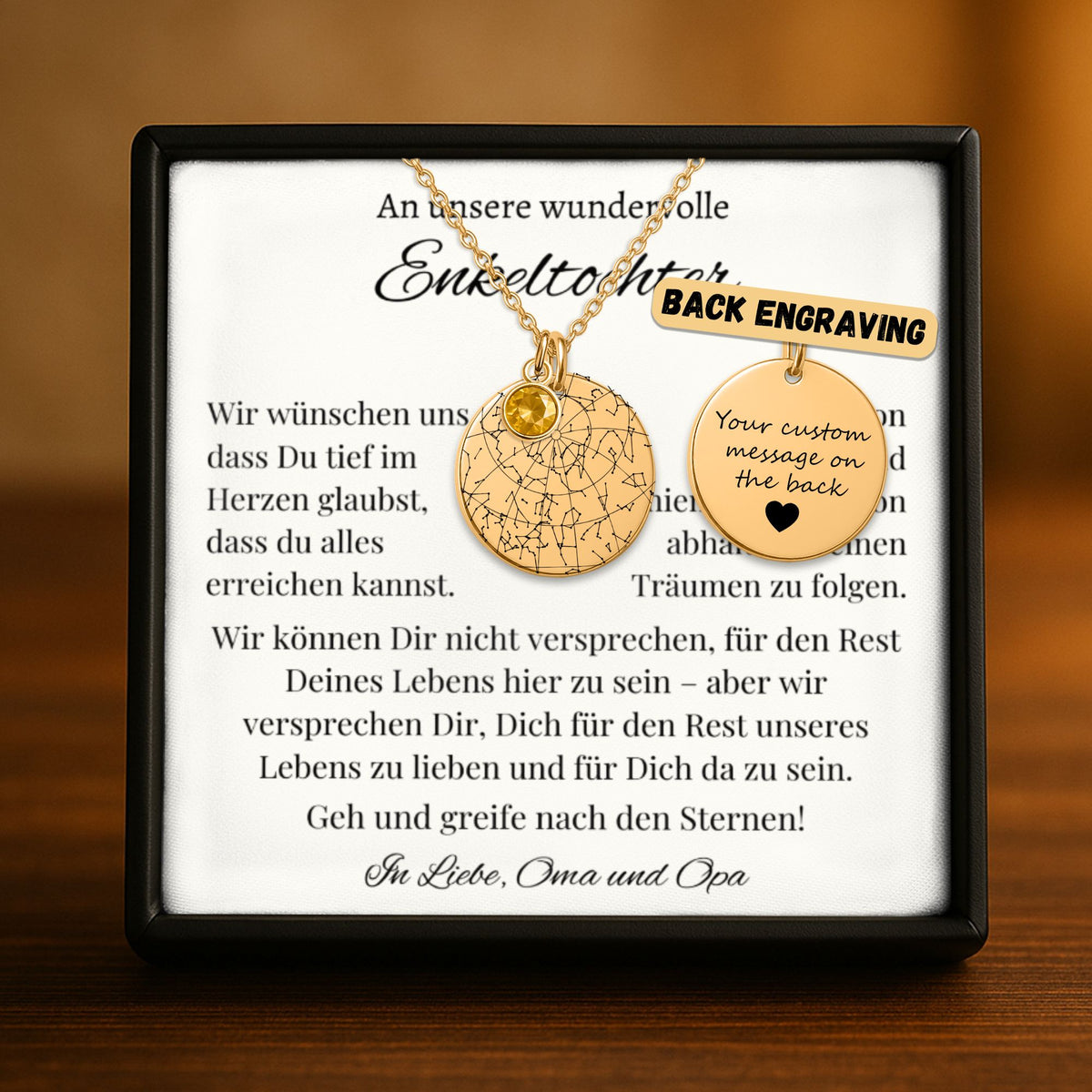 Personalisierte Sternenhimmel Karte-Halskette für Enkeltochter von Oma & Opa: Anhänger 20 mm Durchmesser & optional 9 x 6 mm Geburtssteinahänger, hochwertiger Edelstahl Silber, 18K vergoldet, Roségold-Überzug, Gravur mit Sternen Karte vom Tag der Geburt der Enkelin. Rückseite optional mit Gravur (50 Zeichen). 45 cm Kette + 5 cm, hypoallergen & anlaufbeständig. In eleganter Schmuck-Geschenkbox mit Satinbett und Grußkarte, Geschenk zur Taufe, Geburtstag, Konfirmation, Schulabschluss, Weihnachten.