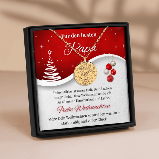 Personalisierte Sternenhimmel Kette für Papa mit Anhänger, der den Himmel nach Ort und Datum zeigt, präsentiert in eleganter schwarzer Schmuckbox mit roter Weihnachtskarte. Ideal als emotionales Geschenk zur Weihnacht.