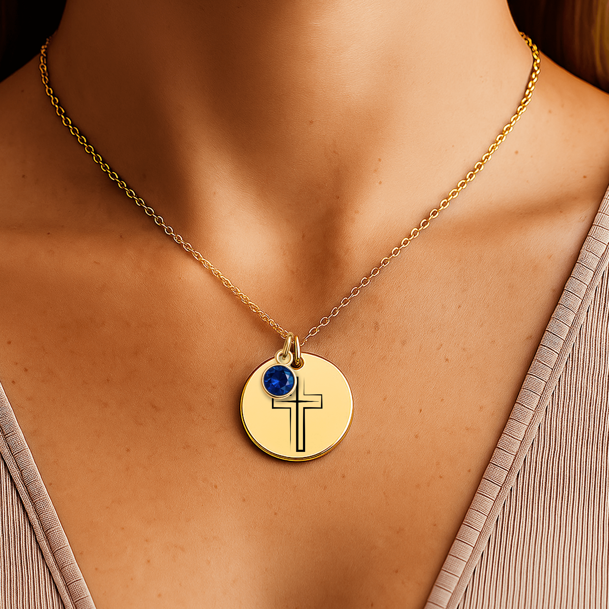 Personalisierte Kommunionskette mit Kreuz-Anhänger und Geburtsstein in 3 Varianten, präsentiert in einer eleganten schwarzen Geschenkbox mit herausnehmbarer Karte. Im Hintergrund rosa Rosenblätter. Ideal als Geschenk zur Erstkommunion für junge Mädchen.