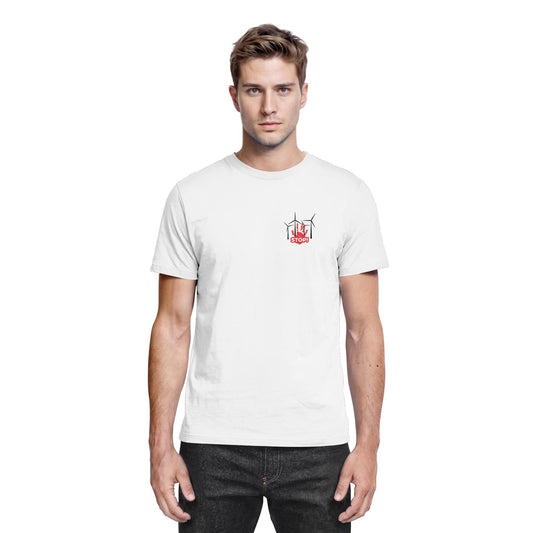 Premium Shirt mit Motiv aus 4 Windrädern und einer roten Hand mit dem Schriftzug „STOP!“ davor; Statement-Shirt aus 100 % Baumwolle, Regular Schnitt, klares Zeichen gegen Windkraftanlagen, gegen Windkraft im Wald, für Windpark Gegner und Kritiker der Stromerzeugung durch Windkraft.; Windkraftanlage,
gegen Windkraft im Wald,
gegen Windkraftanlagen,
Windpark Gegner,
Stromerzeugung Windkraft,