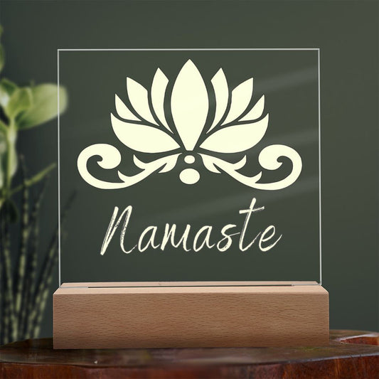 Acryl Namaste Schild: Yoga Tischdekoration & Geschenk für Frauen, Buddha Kunst, LED-beleuchteter Holzsockel mit Yoga Bild, Meditation Dekor