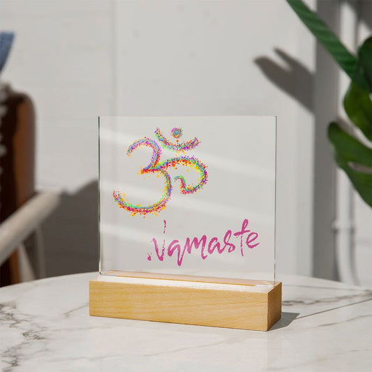 Acryl Namaste Schild: Yoga Tischdekoration & Geschenk für Frauen | Buddha Kunst, LED-beleuchteter Holzsockel | Yoga Bild, Meditation Dekor