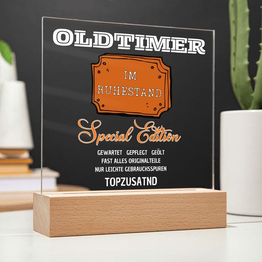 Ruhestand Geschenk Acrylbild mit Holzsockel, Oldtimer im Ruhestand Geschenk Mann und Frau, Vintage Style optional mit LED, Abschied Kollege