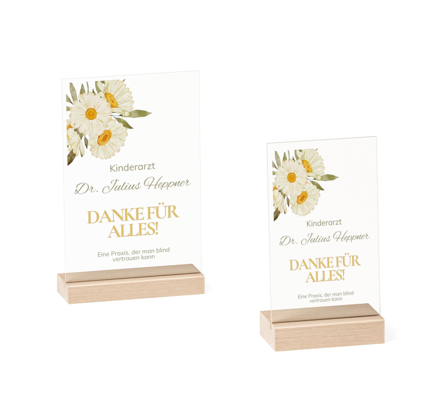 Personalisierte Acryl-Dankestafel mit Buchenholzsockel als Geschenk für Ärzte – mit zartem Blumenmuster und optionaler warmweißer LED-Beleuchtung, ideal als Danksagung an Kinderarzt oder medizinisches Team.