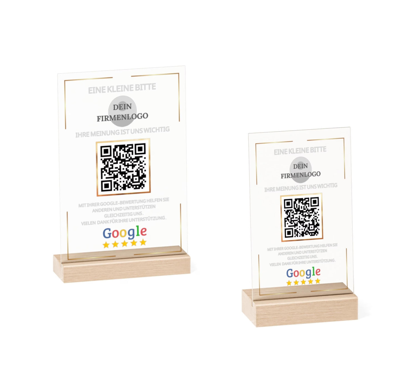 Eine Google Bewertung Tafel aus Acryl mit Holzaufsteller zur Steigerung der Kundenzufriedenheit. Das Bewertungsschild Google zeigt einen QR Code für Bewertung und Firmenlogo. Der Kundenbewertung Aufsteller, auch Google Rezension Schild oder Google Review Platte genannt, dient dazu, mehr Google Sterne bekommen zu können. Die Feedback Tafel Google ist auch als NFC Google Bewertung bzw. NFC-Aufsteller Google erhältlich und eine elegante Alternative zur Bewertungskarte Google.