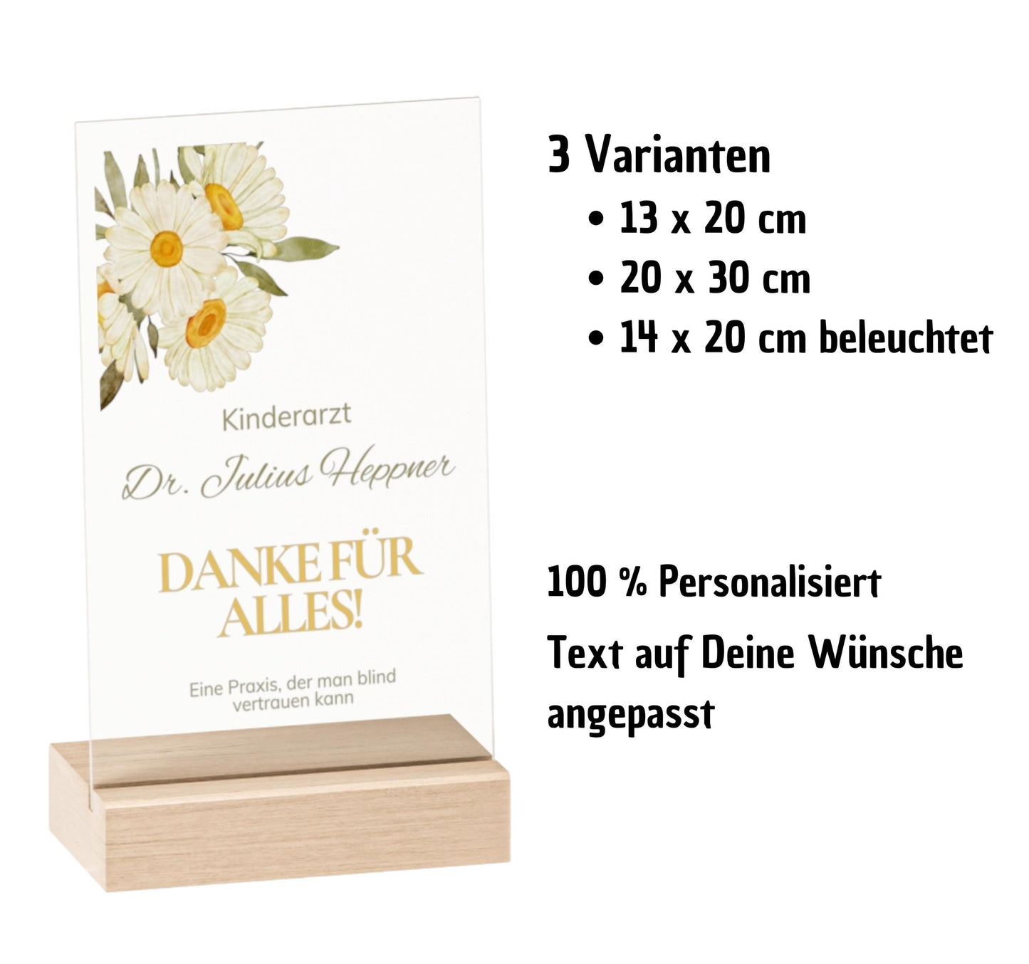 Personalisierte Acryl-Dankestafel mit Buchenholzsockel als Geschenk für Ärzte – mit zartem Blumenmuster und optionaler warmweißer LED-Beleuchtung, ideal als Danksagung an Kinderarzt oder medizinisches Team.