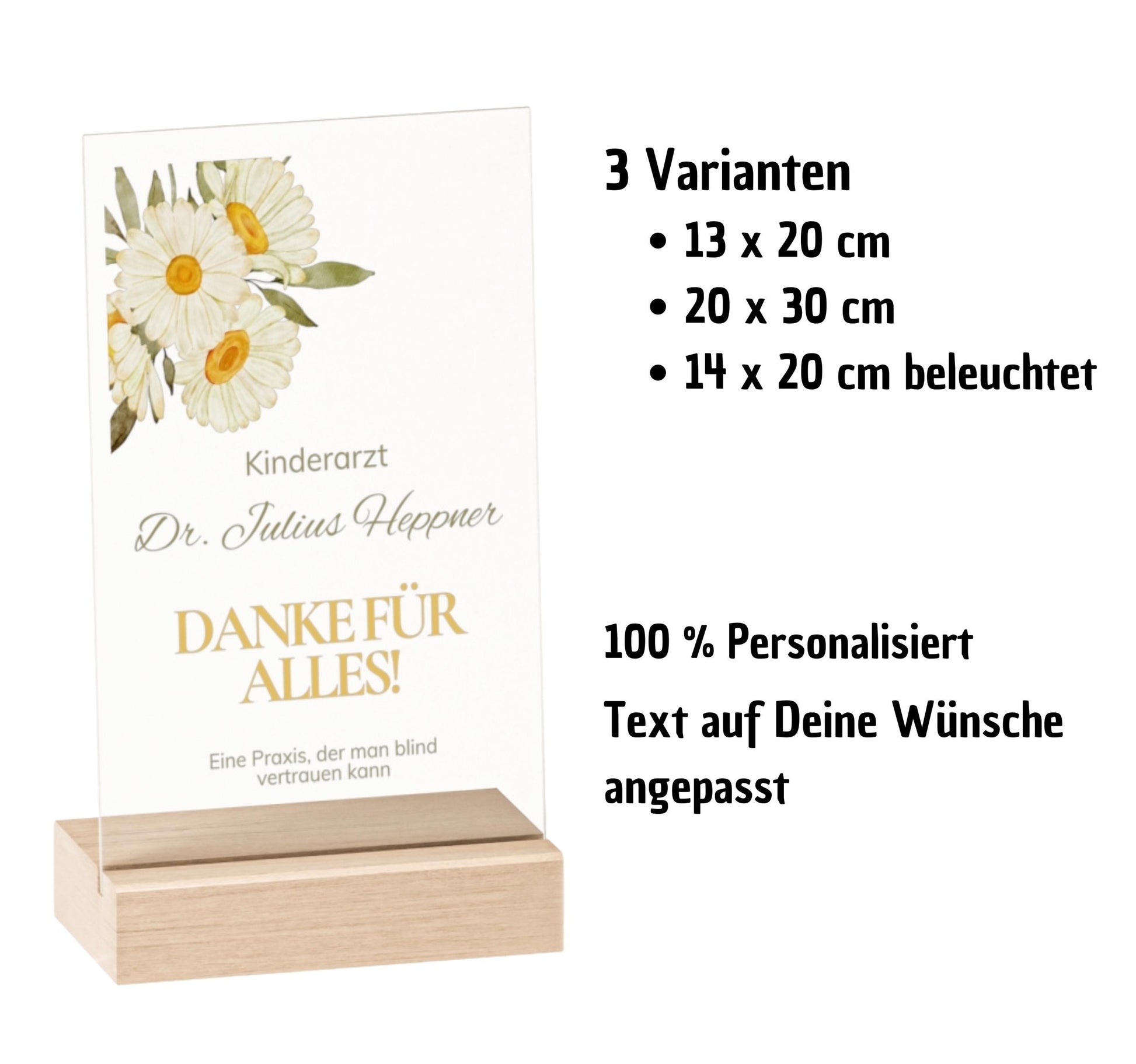 Personalisierte Acryl-Dankestafel mit Buchenholzsockel als Geschenk für Ärzte – mit zartem Blumenmuster und optionaler warmweißer LED-Beleuchtung, ideal als Danksagung an Kinderarzt oder medizinisches Team.