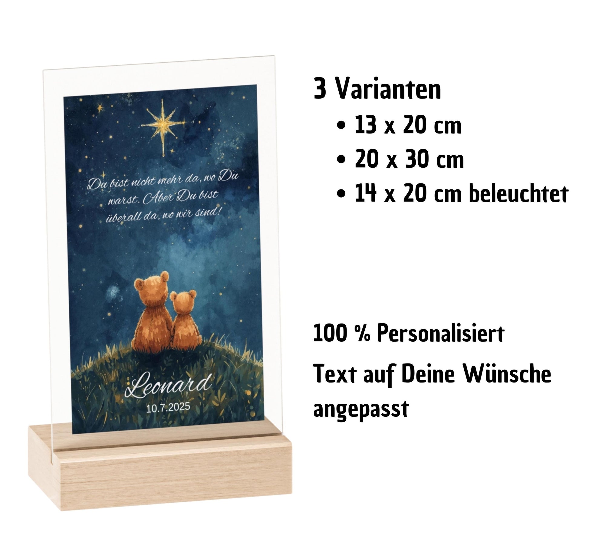 Acrylschild auf Buchenholzsockel als Sternenkind Andenken. Zeigt tröstenden Spruch, Bärenmotiv und Sternenhimmel. Personalisiert mit Name und Datum. optional LED-Beleuchtet. Einfühlsames Erinnerungsstück für trauernde Eltern.