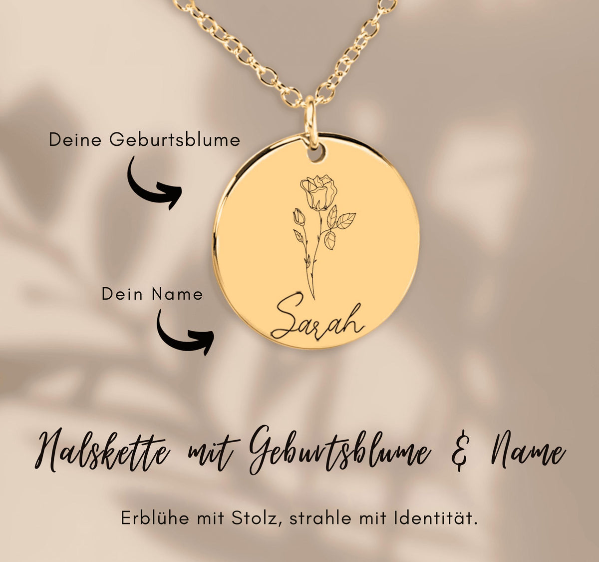 Personalisierte Geburtsblumen Halskette als Weihnachtsgeschenk für die Tochter von Mama & Papa. Eleganter runder Anhänger aus hochwertigem Edelstahl mit individueller Geburtsblume und Namensgravur, optional persönlicher Gravur auf der Rückseite. Erhältlich in Stahlsilber, 18K Gold und 18K Roségold. Schmuckbox mit Karte, liebevoll gestaltet als persönliches Weihnachtsgeschenk für die Tochter. Zeitloser Schmuck mit emotionaler Botschaft – ein besonderes Geschenk zu Weihnachten.