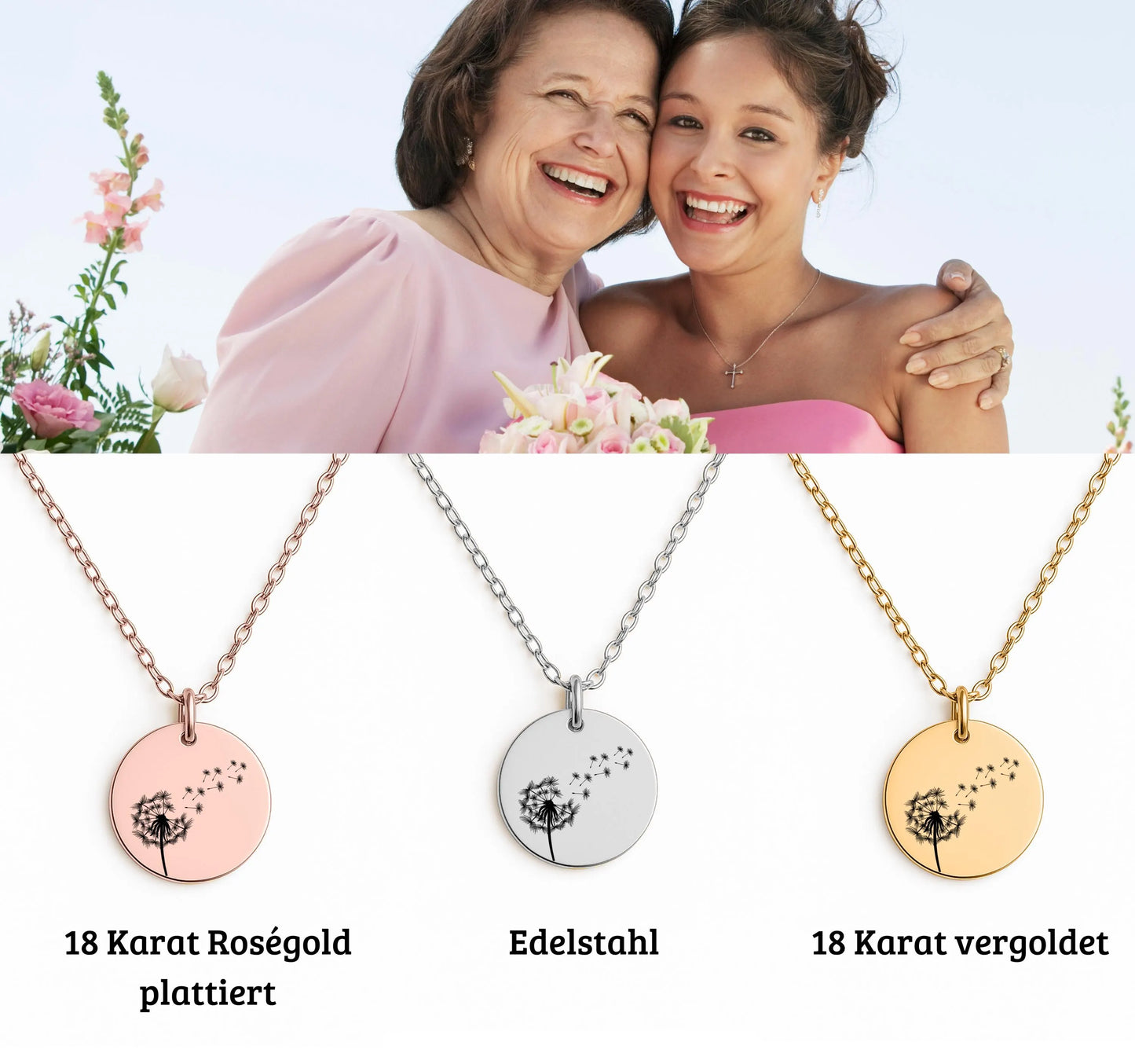 Eine gold Halskette mit runden Anhänger, auf dem eine fein gravierte Windblume abgebildet ist, liegt auf einer weißen Grußkarte in einer schwarzen Schmuckbox. Die Karte trägt die Nachricht: „Liebe Mama – Ohne Dich wäre ich nicht der Mensch, der ich...“ Daneben ist eine zarte Illustration einer Braut. Die 18K vergoldete Edelstahlkette ist 45 cm lang mit 5 cm Verlängerung. Ein emotionales Dankeschön-Geschenk für die Mutter der Braut, liebevoll verpackt und bereit zum Verschenken.