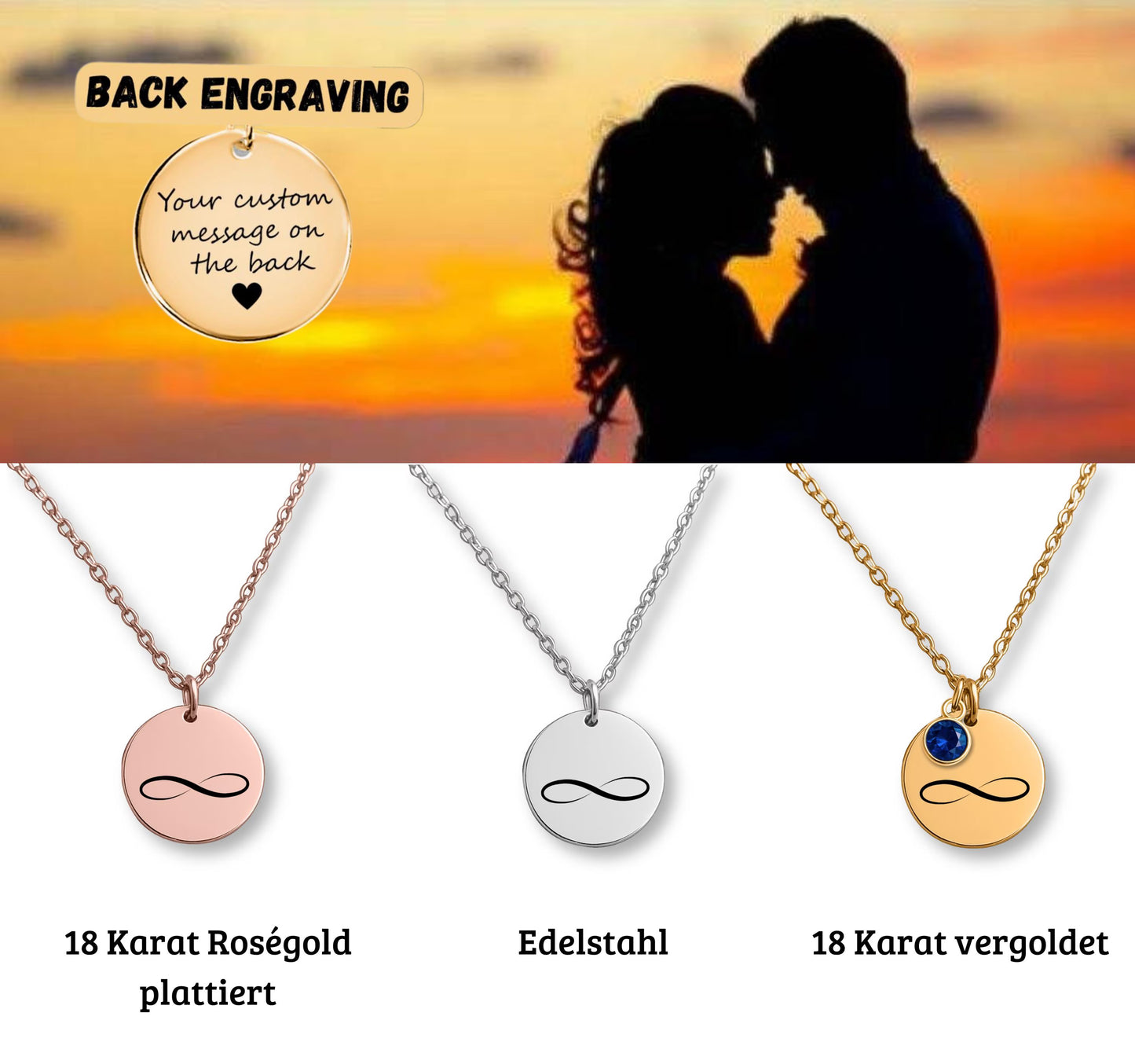 Elegante personalisierte Halskette aus Edelstahl mit rundem Anhänger (20 x 20 mm), Unendlichkeitszeichen und farbigem Geburtsstein (9 x 6 mm). Rückseite individuell gravierbar mit Name, Datum oder Zitat. Erhältlich in Silber, 18K Gold oder Rosé Gold. Lieferung in edler Schmuckbox mit liebevoller Grußkarte – ein zeitloses Geschenk für Frau, Mama oder Partnerin, das ewige Liebe symbolisiert.