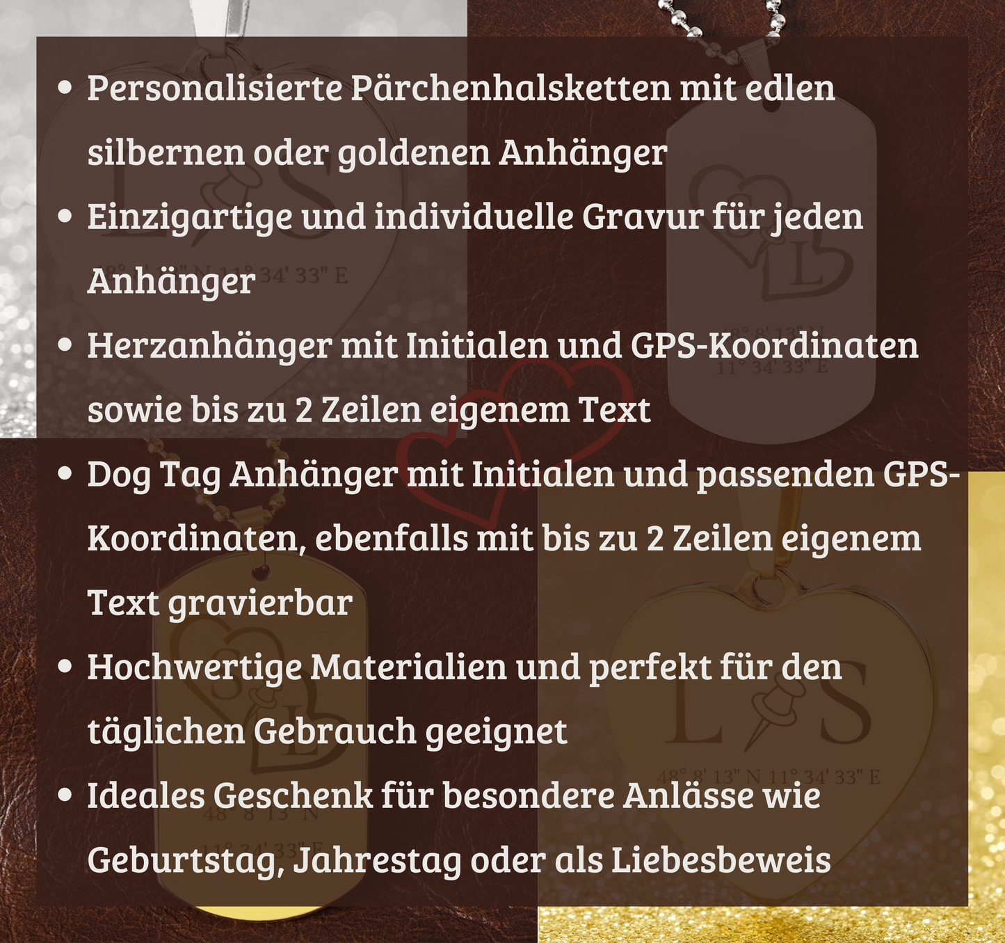 Paar Geschenk Personalisiert mit Gravur - Herzanhänger & Dog Tag Anhänger mit Initialen und Koordinaten - Gravur GPS-Koordinaten