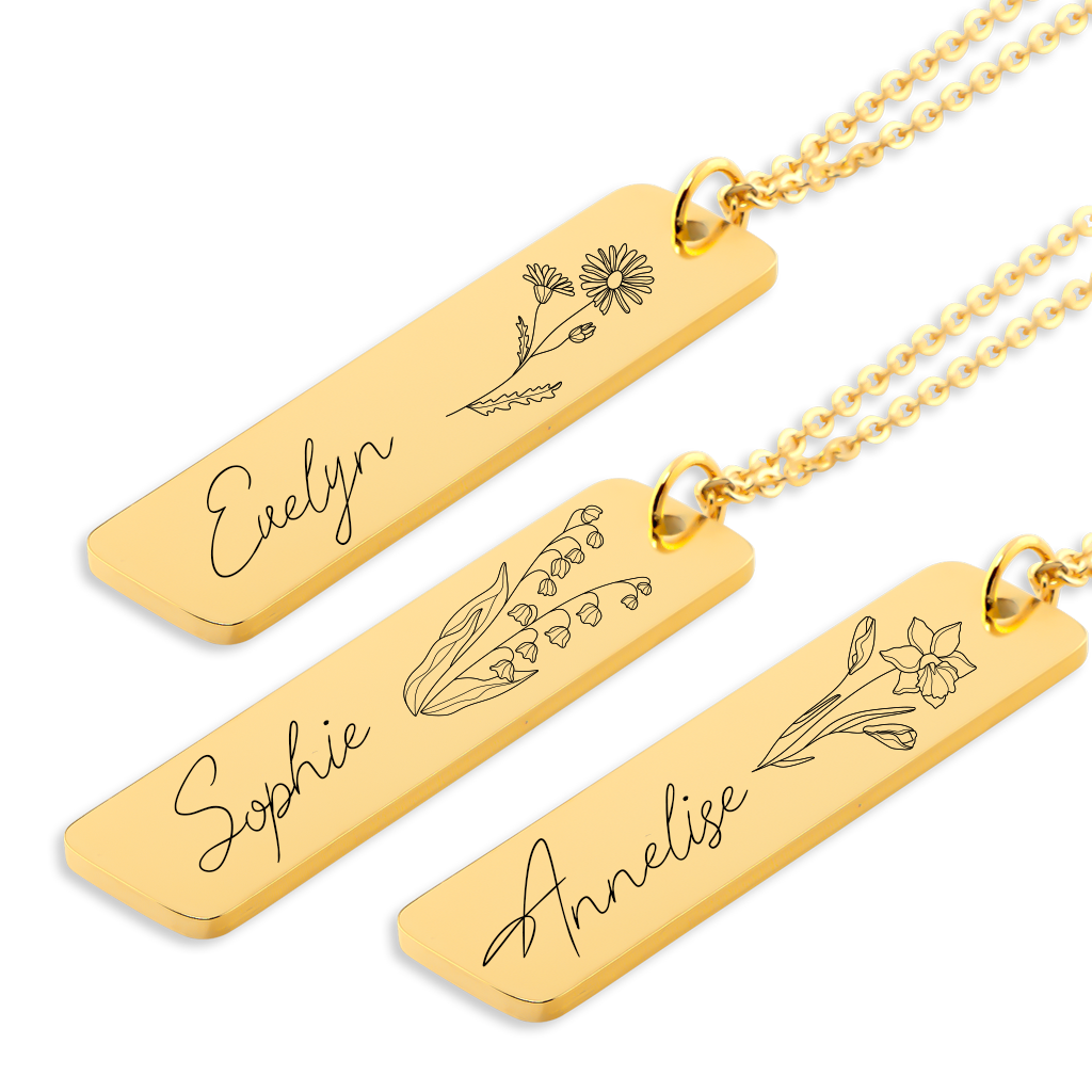 Personalisierte Kette mit Geburtsblume Geschenk zur Geburt Kette mit Gravur Familienkette Namenskette