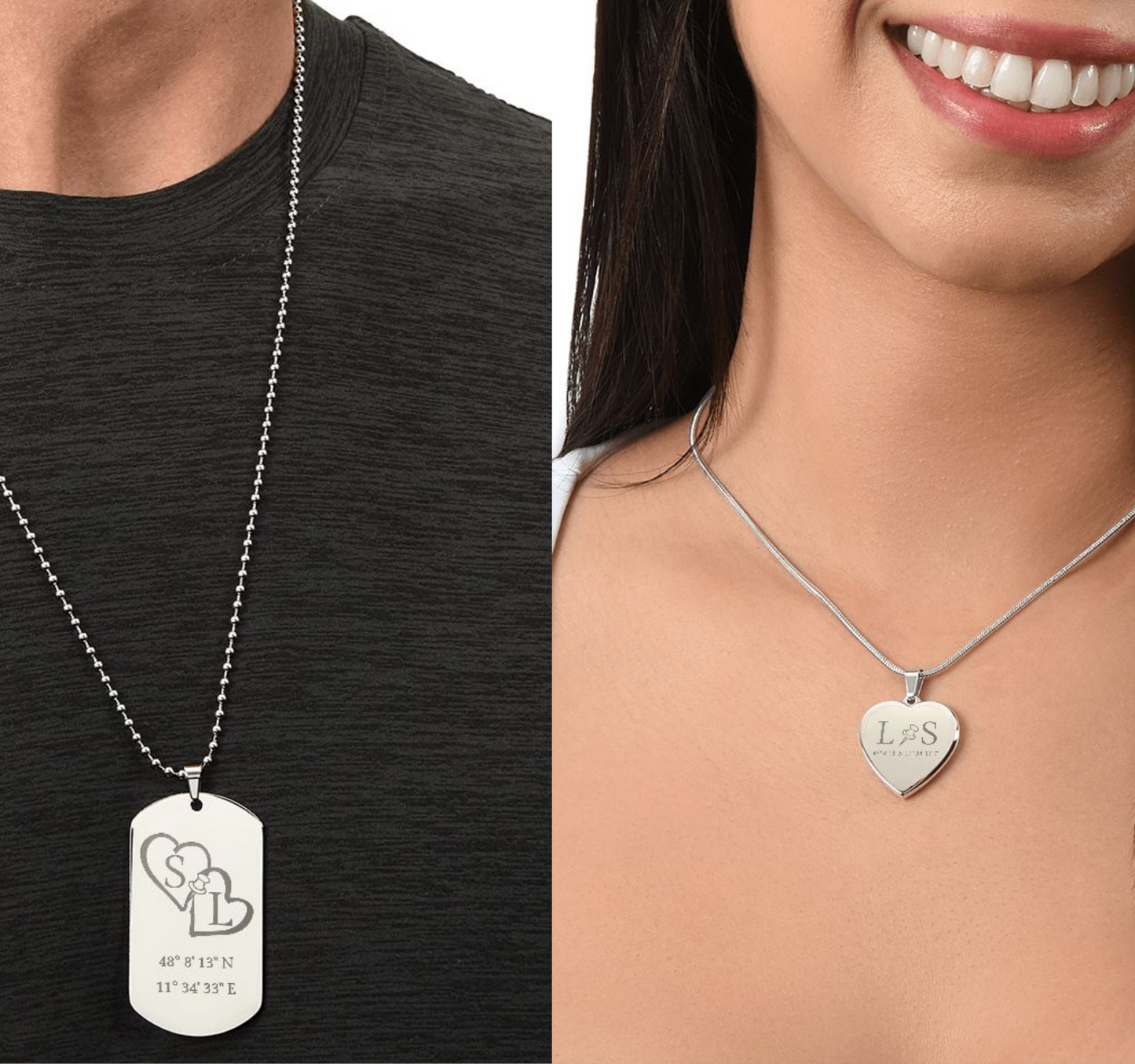 Paar Geschenk Personalisiert mit Gravur - Herzanhänger & Dog Tag Anhänger mit Initialen und Koordinaten - Gravur GPS-Koordinaten