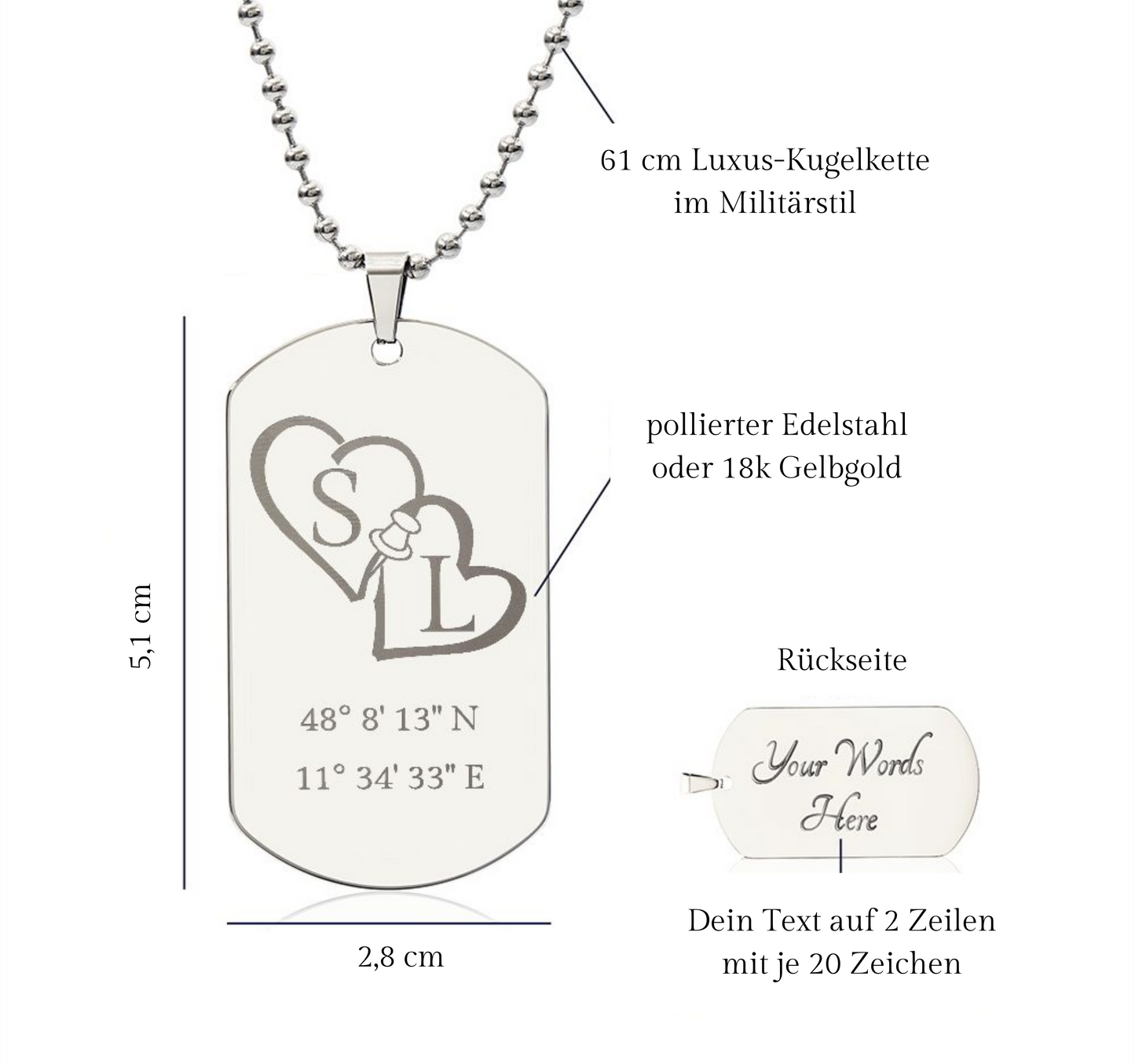 Paar Geschenk Personalisiert mit Gravur - Herzanhänger & Dog Tag Anhänger mit Initialen und Koordinaten - Gravur GPS-Koordinaten