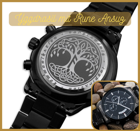 Wikinger Uhr Schwarz Yggdrasil mit Rune Ansuz Chronograph Herrenuhr mit Baum des Lebens Gravur