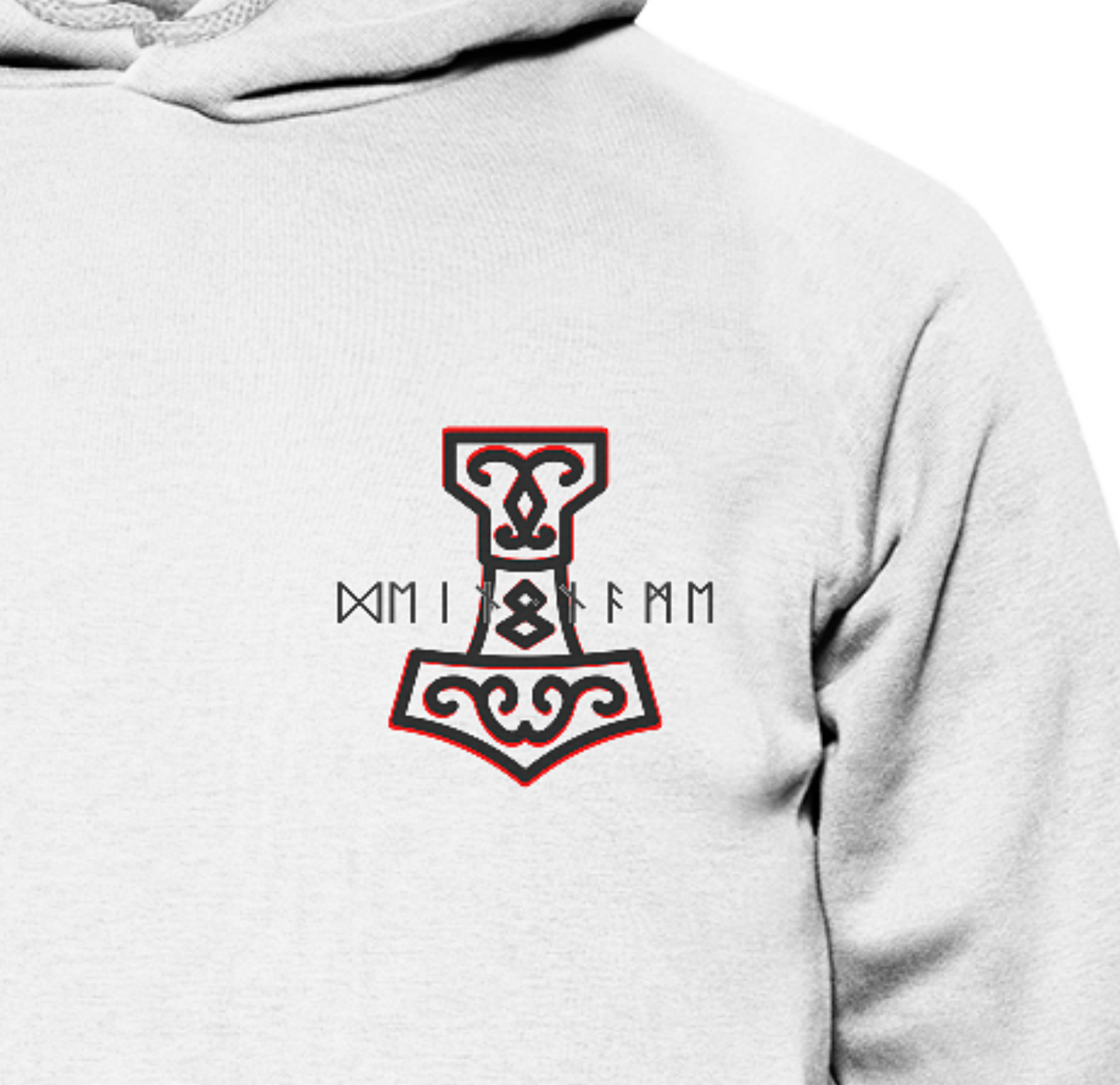 Wikinger Bio Hoodie Wikinger Shirt Thors Hammer Mjölnir auf Brust mit Name in Futhark und Rücken mit Großdruck nordisches Mythologie