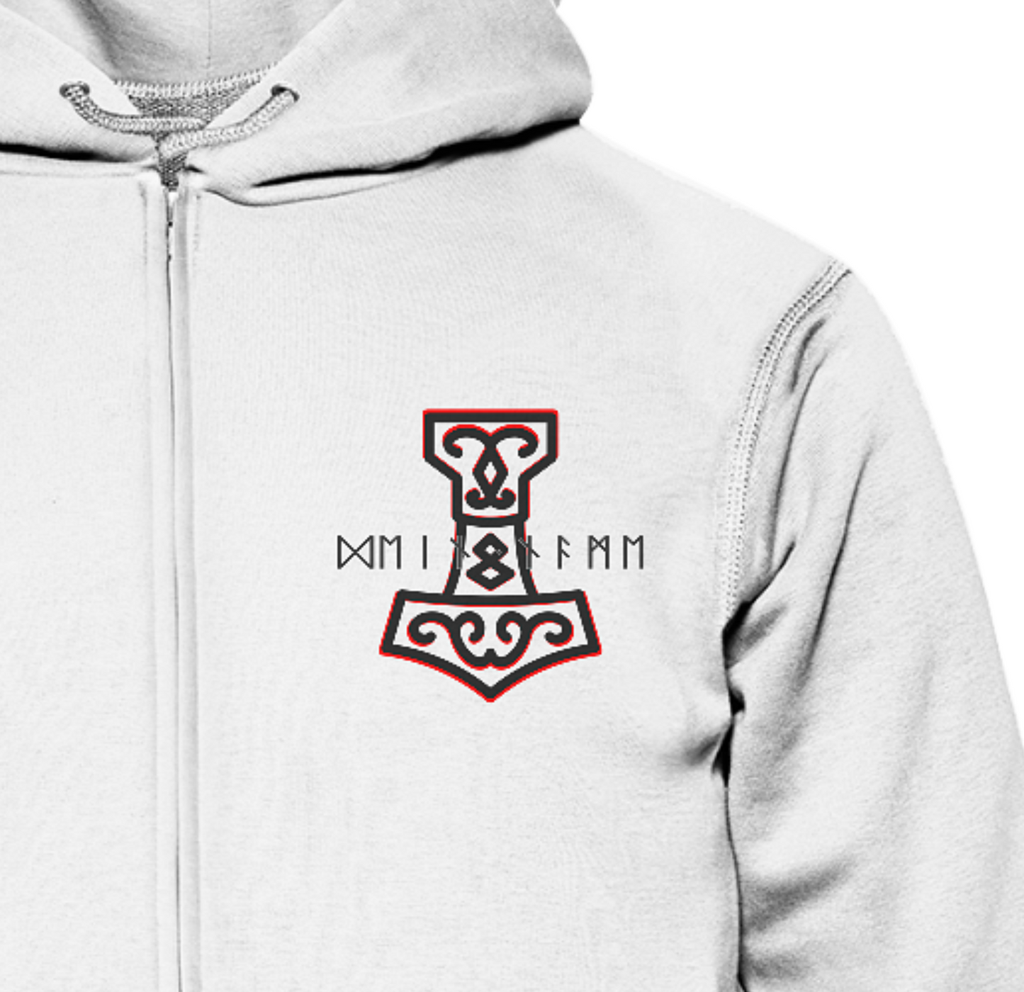 Wikinger Sweatshirt mit Reißverschluss Thors Hammer Mjölnir auf Brust mit Name in Futhark und Rücken mit Großdruck nordisches Mythologie - Organic Zipper