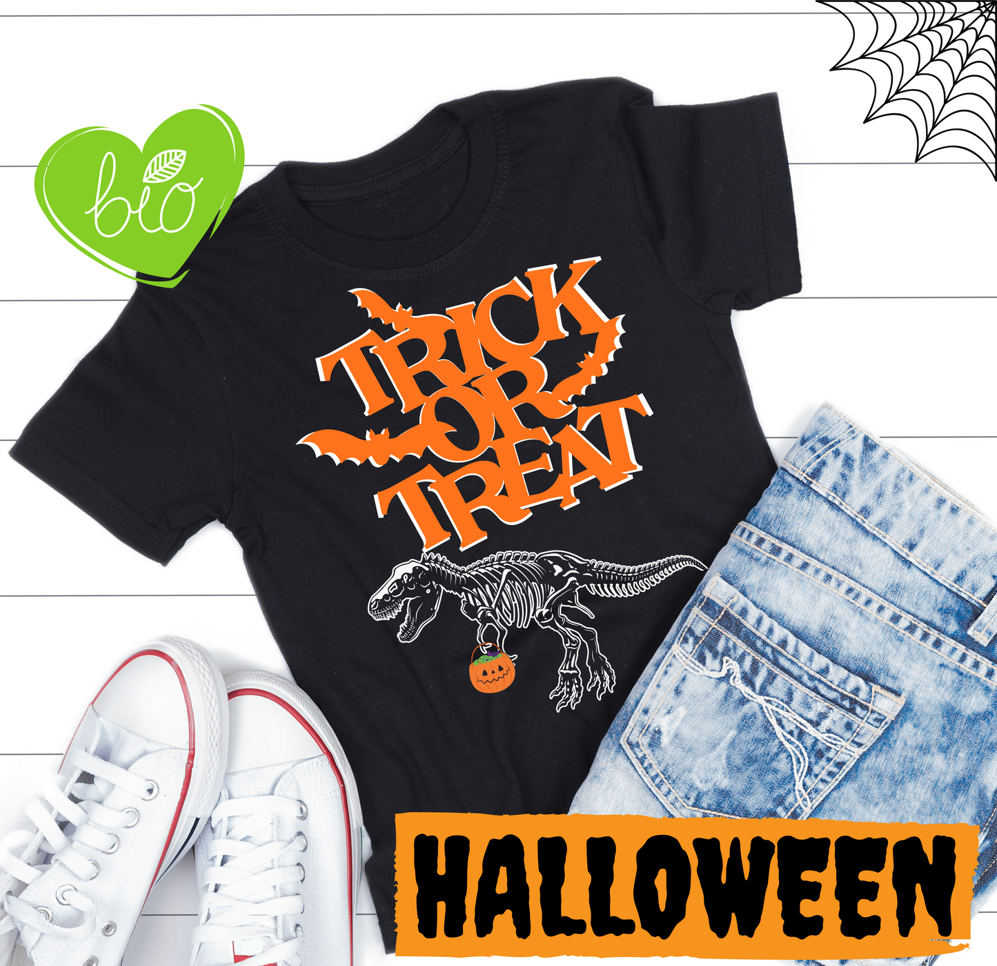 Halloween Shirt Trick or Treat Dino, Herbst T-Shirt, Dinosaurier Shirt, Halloween Outfit, Halloween Kostüm - Kids Organic Shirt