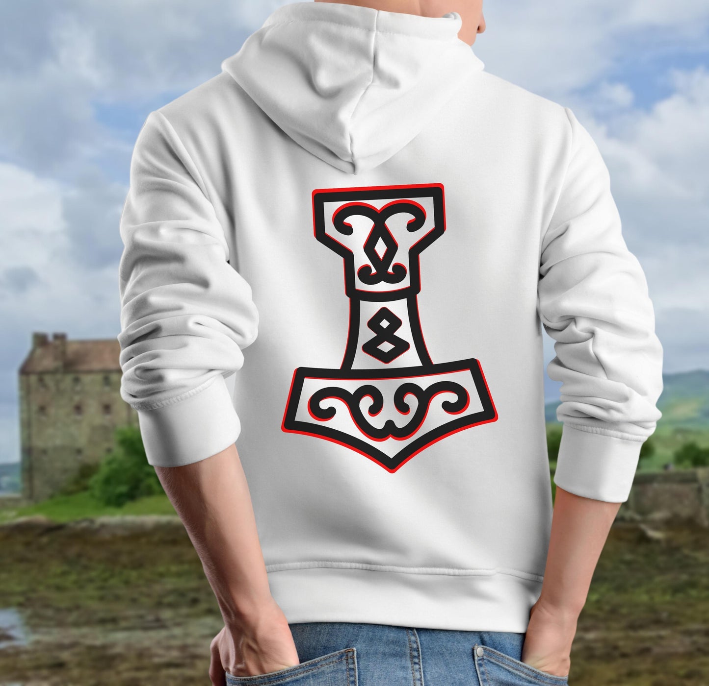 Wikinger Sweatshirt mit Reißverschluss Thors Hammer Mjölnir auf Brust mit Name in Futhark und Rücken mit Großdruck nordisches Mythologie - Organic Zipper