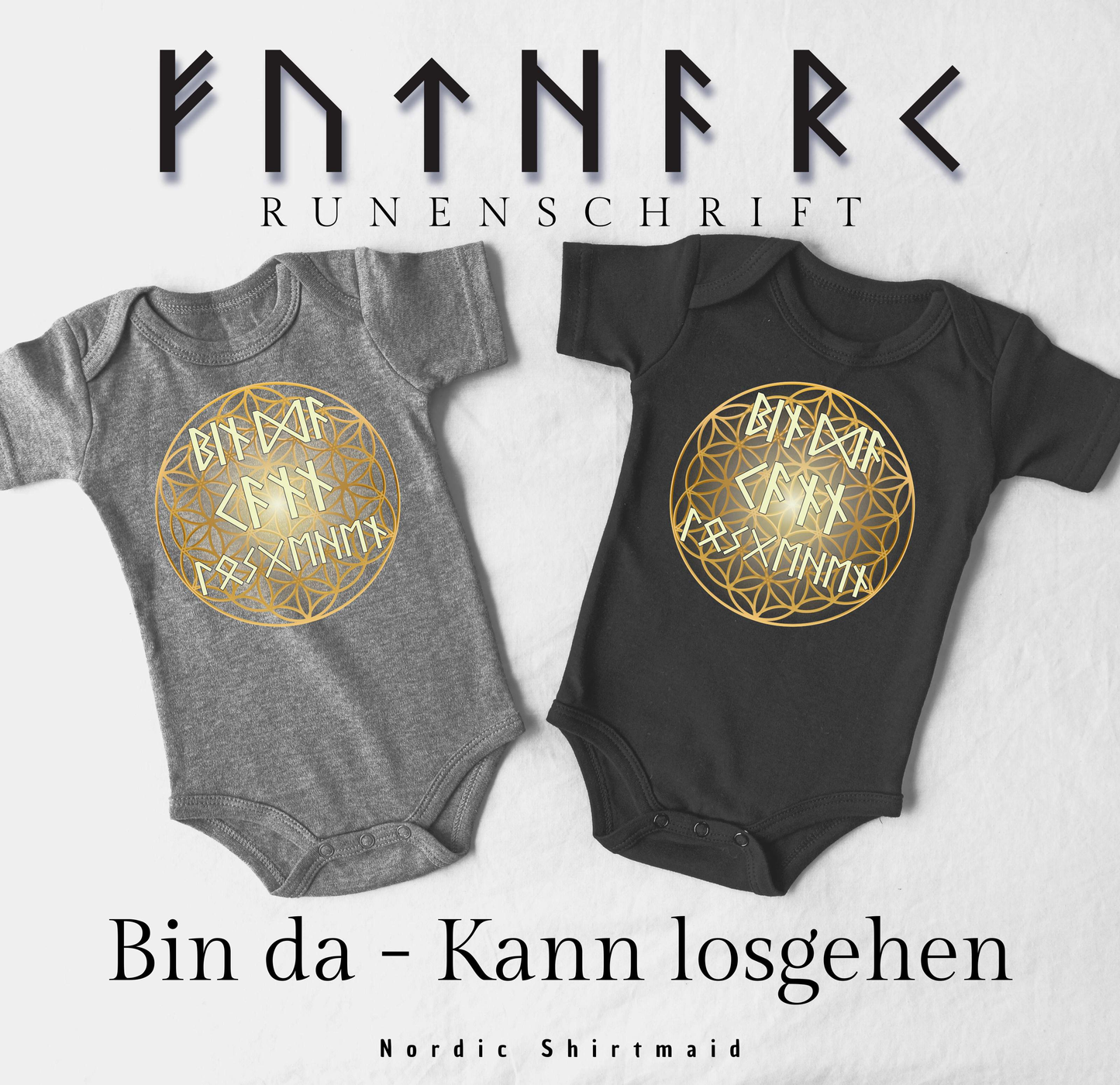 Babybody mit Spruch für Jungen Mädchen Unisex Kurzarm Bin da - Kann losgehen in Runenschrift-bin da,bin da kann losgehen,Blume des Lebens,Cooles Wikinger-T-Shirt,futhark,germanische runen,geschenk wikinger,Geschenk zur Geburt,keltische runen,Lebensblume Kleidung,nordische runen,Rune,runen,Runen Tshirt,Runenschrift,Unisex für Kinder,Unisex-Babykleidung,wikinger,Wikinger Outfit,Wikinger Shirt,Witziger Body