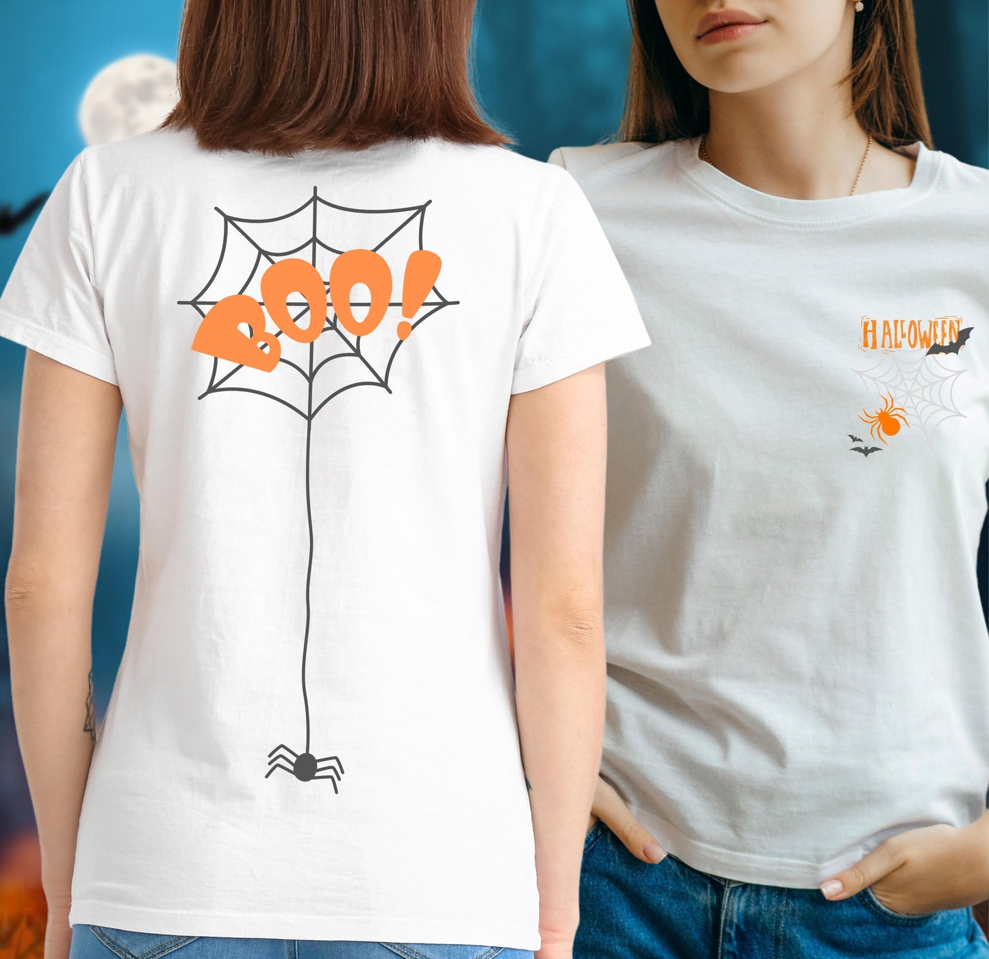 Halloween Shirt, Boo Halloween, Herbst T-Shirt, Kürbis Gesichter Shirt, Halloween Outfit, Spinnenetz, Halloween Kostüm beidseitig