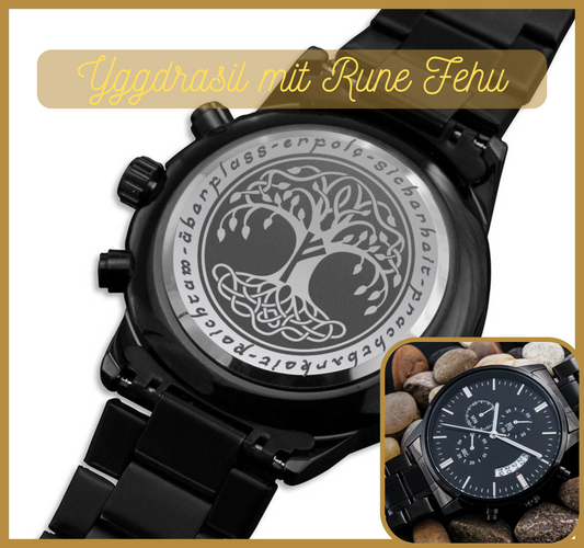 Vatertagsgeschenk: Yggdrasil mit Rune Fehu Chronograph Herrenuhr mit Baum des Lebens Gravur