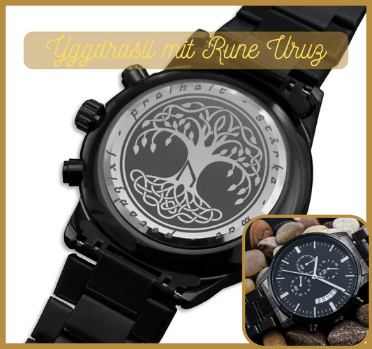 Vatertagsgeschenk: Yggdrasil mit Rune Uruz Chronograph Herrenuhr mit Baum des Lebens Gravur