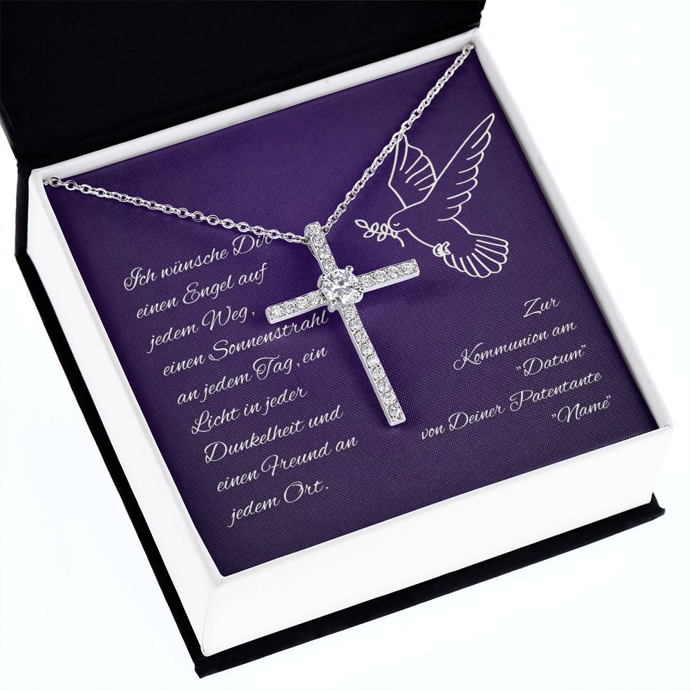 Kreuzkette zur Kommunion - Halskette mit Kreuz Geschenk für Patenkind personalisiert mit Name und Datum