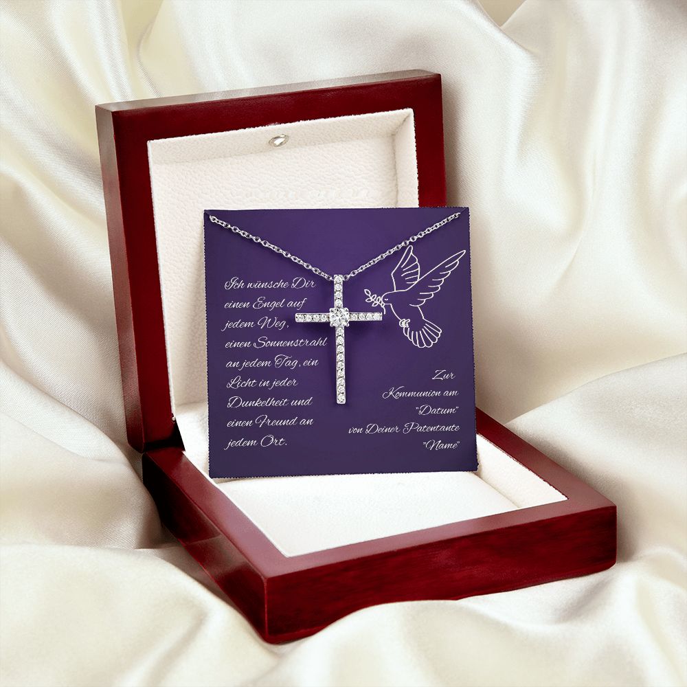 Kreuzkette zur Kommunion - Halskette mit Kreuz Geschenk für Patenkind personalisiert mit Name und Datum