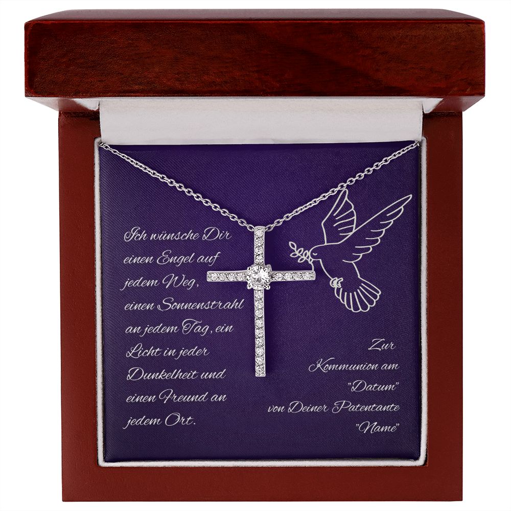 Kreuzkette zur Kommunion - Halskette mit Kreuz Geschenk für Patenkind personalisiert mit Name und Datum