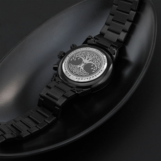 Wikinger Uhr Schwarz Yggdrasil mit Rune Ehwaz Chronograph Herrenuhr mit Baum des Lebens Gravur,Vatertagsgeschenk, Vatertag Herrenuhr, Yggdrasil Chronograph , Baum des Lebens Gravur, Stilvolle Armbanduhr, Bestes Vatertag Geschenk, Edelstahl-Chronograf, Erinnerungsstück Langlebig, Luxuriöse Uhr, Geschenkbox, Bestseller Herren Uhr, Wasserdicht Kratzfest, Wikinger Schmuck