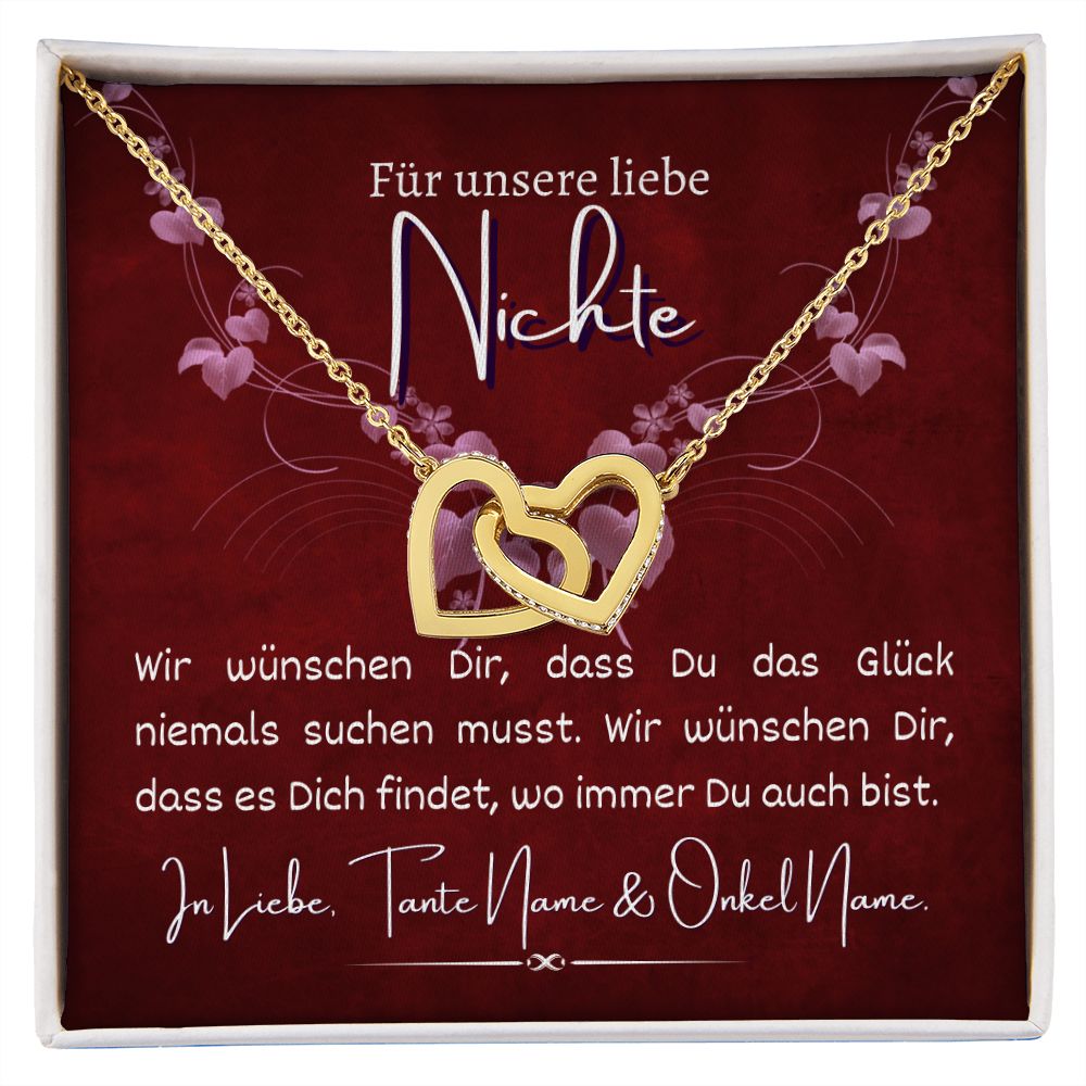 Nichte Kette personalisierbar verbundene Herzen, Halskette aus Edelstahl in Silber oder 18K vergoldet, Geburtstagsgeschenk