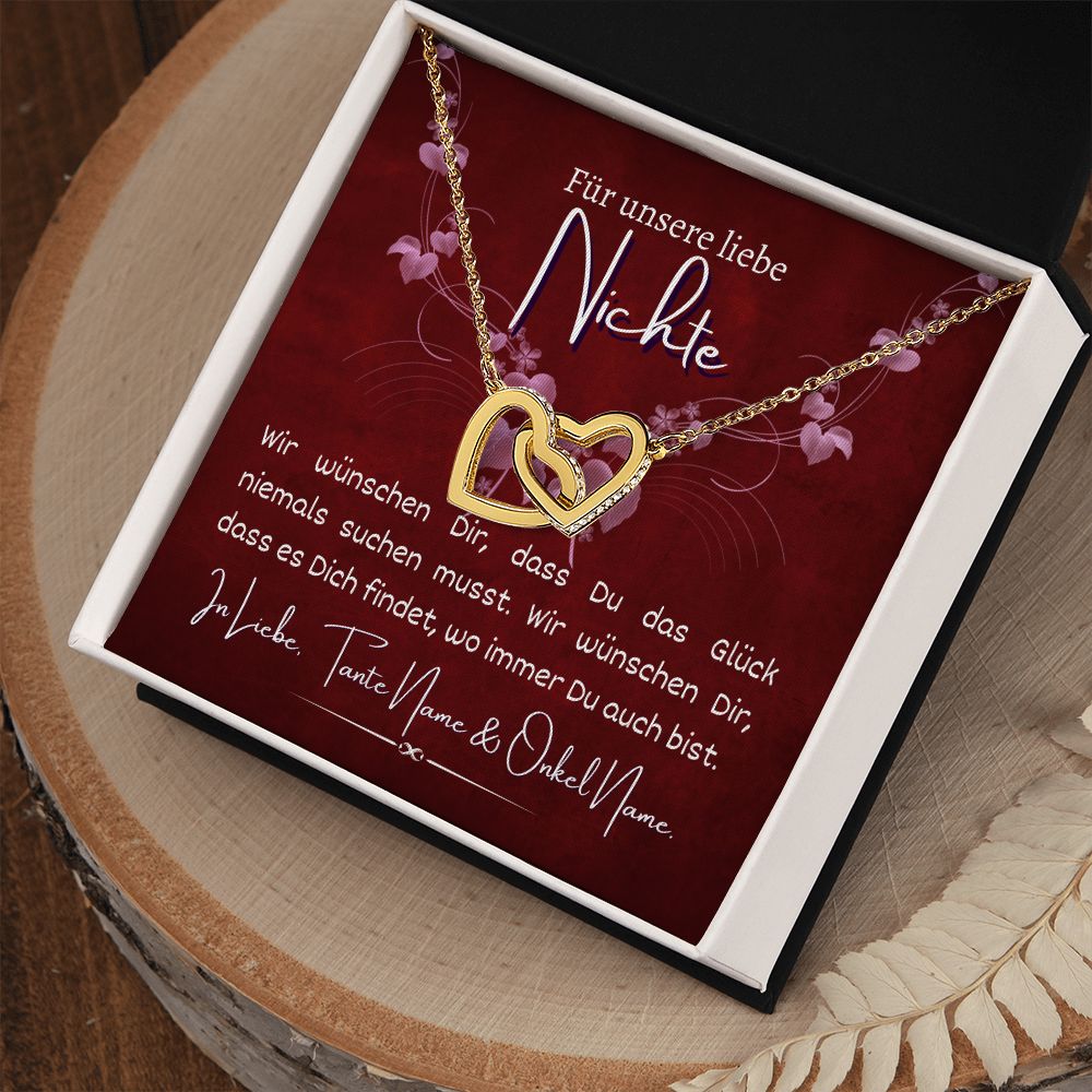 Nichte Kette personalisierbar verbundene Herzen, Halskette aus Edelstahl in Silber oder 18K vergoldet, Geburtstagsgeschenk