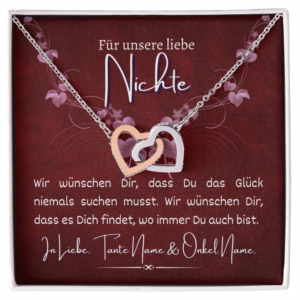 Nichte Kette personalisierbar verbundene Herzen, Halskette aus Edelstahl in Silber oder 18K vergoldet, Geburtstagsgeschenk