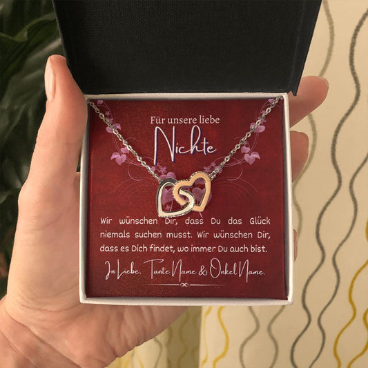 Nichte Kette personalisierbar verbundene Herzen, Halskette aus Edelstahl in Silber oder 18K vergoldet, Geburtstagsgeschenk