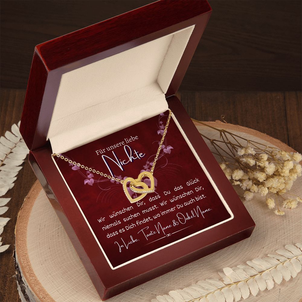 Nichte Kette personalisierbar verbundene Herzen, Halskette aus Edelstahl in Silber oder 18K vergoldet, Geburtstagsgeschenk