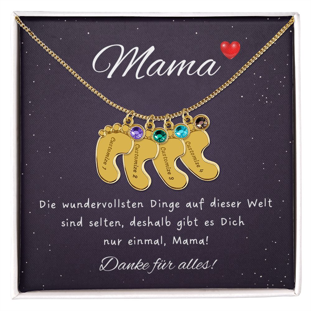 Muttertag Geschenk Halskette mit Babyfußanhänger, Geburtsstein und Name als Gravur
