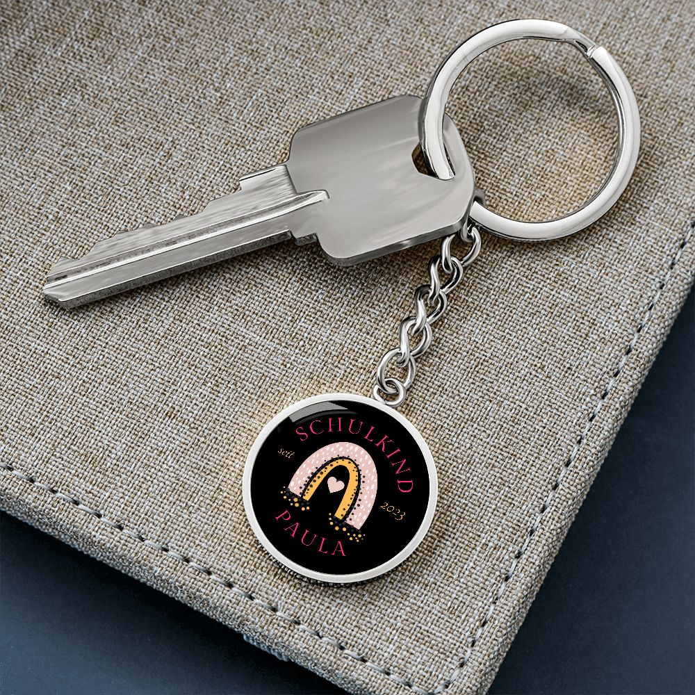 Einschulung Schlüsselanhänger mit Name Schulkind 2023 Regenbogen Schwarz/Pink