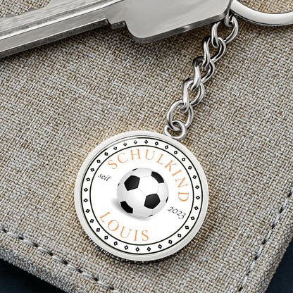 Einschulung Schlüsselanhänger mit Name Schulkind 2023 Fussball Orange