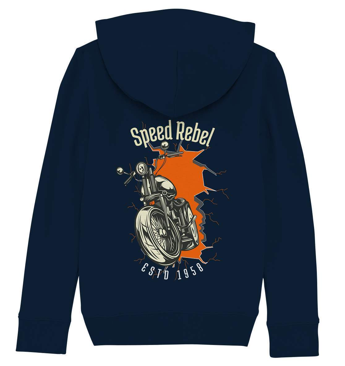 Speed Rebel ESTD 1958 - Biker und Chapter Rücken Motiv - Kids Organic Hoodie-1958,ausfahrt,bike,biker,biker outfit,biker shirt,cafe racer,chapter kluft,chopper,dirt bike,fun,funny,lustig,moped,motocross,Motorrad,motorrad tour,motorsport,Pullover Spruch,simson,Speed,Speed rebel,v2,zweirad