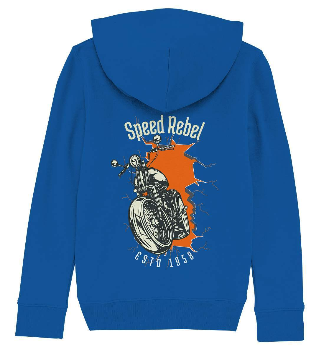 Speed Rebel ESTD 1958 - Biker und Chapter Rücken Motiv - Kids Organic Hoodie-1958,ausfahrt,bike,biker,biker outfit,biker shirt,cafe racer,chapter kluft,chopper,dirt bike,fun,funny,lustig,moped,motocross,Motorrad,motorrad tour,motorsport,Pullover Spruch,simson,Speed,Speed rebel,v2,zweirad