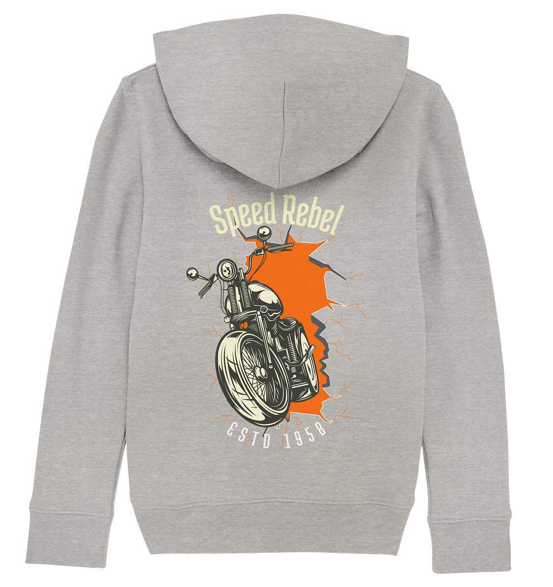 Speed Rebel ESTD 1958 - Biker und Chapter Rücken Motiv - Kids Organic Hoodie-1958,ausfahrt,bike,biker,biker outfit,biker shirt,cafe racer,chapter kluft,chopper,dirt bike,fun,funny,lustig,moped,motocross,Motorrad,motorrad tour,motorsport,Pullover Spruch,simson,Speed,Speed rebel,v2,zweirad