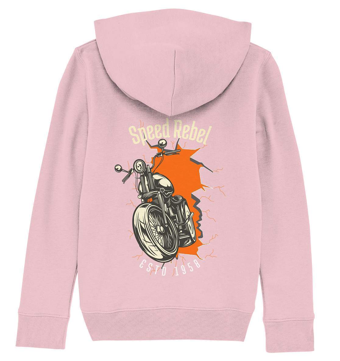 Speed Rebel ESTD 1958 - Biker und Chapter Rücken Motiv - Kids Organic Hoodie-1958,ausfahrt,bike,biker,biker outfit,biker shirt,cafe racer,chapter kluft,chopper,dirt bike,fun,funny,lustig,moped,motocross,Motorrad,motorrad tour,motorsport,Pullover Spruch,simson,Speed,Speed rebel,v2,zweirad