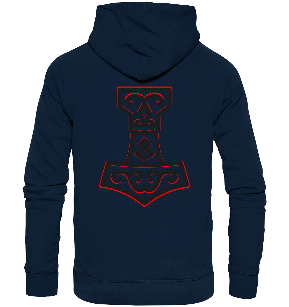 Wikinger Bio Hoodie Wikinger Shirt Thors Hammer Mjölnir auf Brust mit Name in Futhark und Rücken mit Großdruck nordisches Mythologie