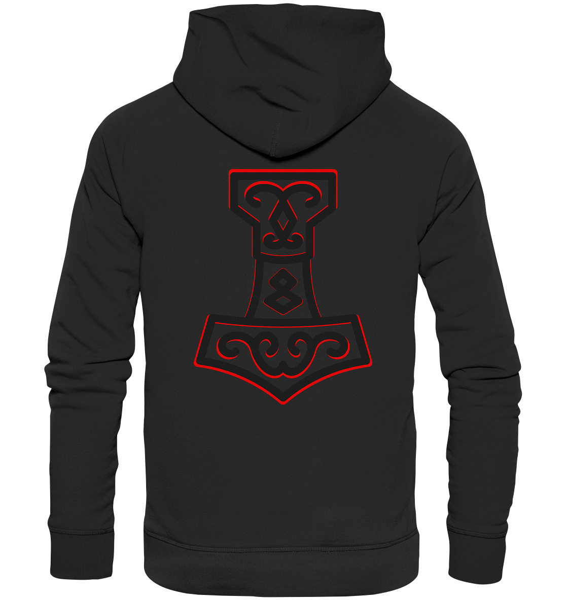 Wikinger Bio Hoodie Wikinger Shirt Thors Hammer Mjölnir auf Brust mit Name in Futhark und Rücken mit Großdruck nordisches Mythologie