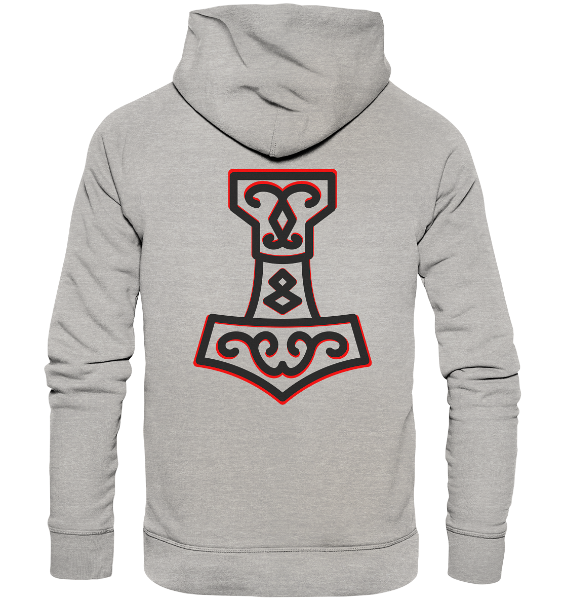 Wikinger Bio Hoodie Wikinger Shirt Thors Hammer Mjölnir auf Brust mit Name in Futhark und Rücken mit Großdruck nordisches Mythologie