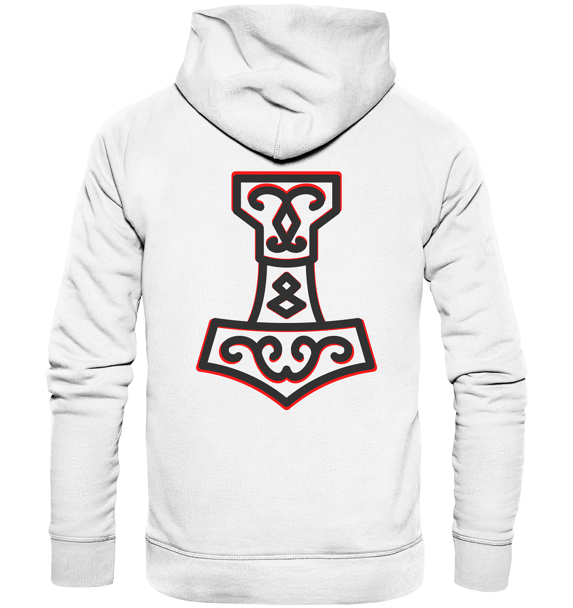 Wikinger Bio Hoodie Wikinger Shirt Thors Hammer Mjölnir auf Brust mit Name in Futhark und Rücken mit Großdruck nordisches Mythologie