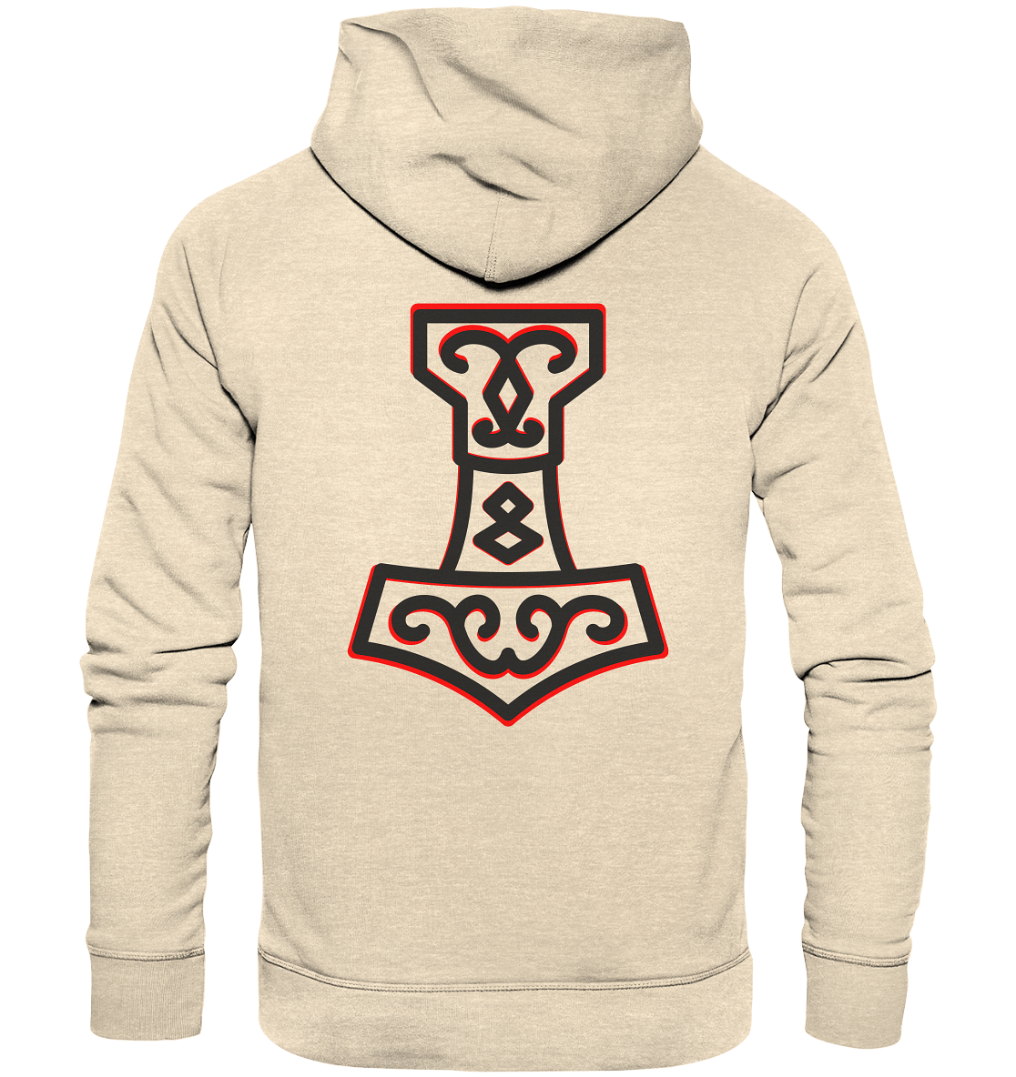 Wikinger Bio Hoodie Wikinger Shirt Thors Hammer Mjölnir auf Brust mit Name in Futhark und Rücken mit Großdruck nordisches Mythologie